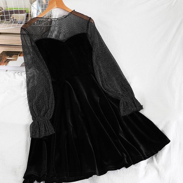 

casual dresses guuzyuviz solid chiffon splice velvet dress elegant slim party women black mini, Black;gray