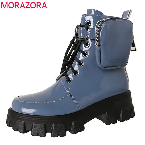

boots morazora 2022 genuine leather shoes women thick bottom fashion casual lace up zip winter ankle, Black
