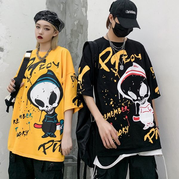 

t shirt hip hop fashion brand short sleeve men's cartoon alien print bf loose couple half, White;black