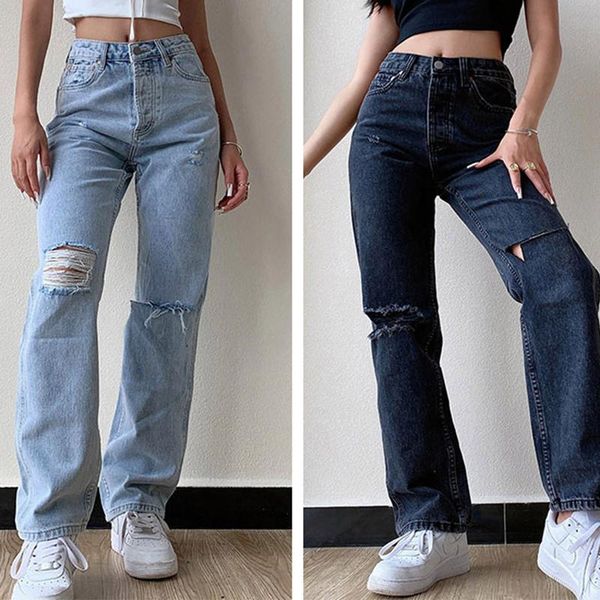 

women's jeans european and american casual wide-leg wash water ripped mid-rise fashion streetwear y2k, Blue