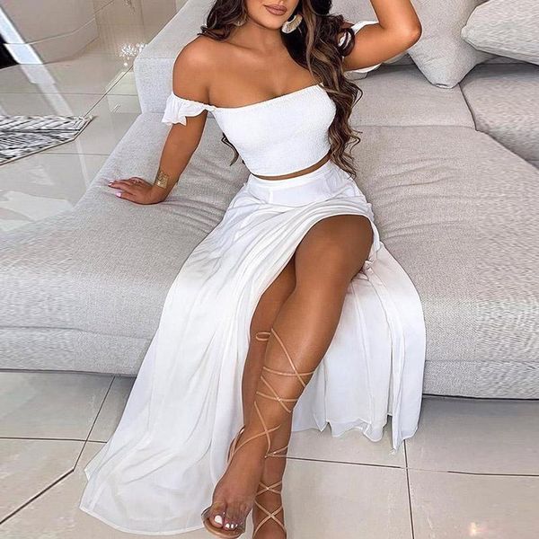 

casual dresses summer fashion two piece set women solid split dress print elastic waist elegant strapless beach party long, Black;gray