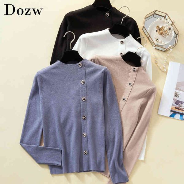 

autumn women knitted pure slim sweater pullover casual long sleeve cashmere soft elegant jumper solid sweater with buttons 210414, White;black