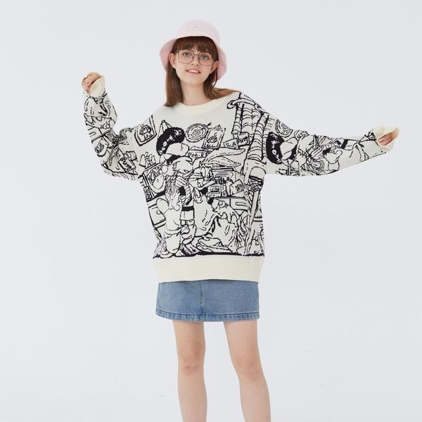 

sweaters 2021 fashion kawaii of cartoons graffiti pullover woman cardigan blouses long sleeve harajuku sweater knitted or crocheted women&#, White;black