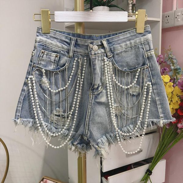 

denim shorts summer industrial womens jean tassels pearl pendant furry trim a line loose short pants, Blue