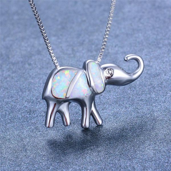 

pendant necklaces white blue fire opal stone necklace female cute elephant vintage animal silver color chain for women