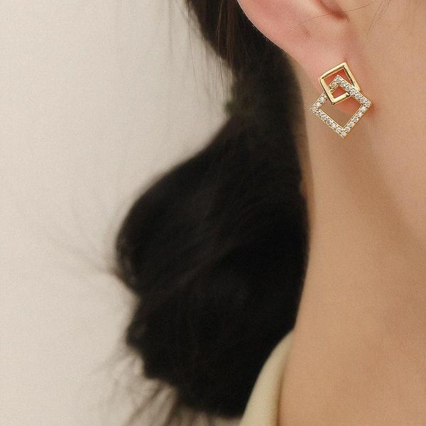 

stud zircon double square earrings 2021 inlaid exquisite light luxurious fashion jewelry accessories hyacinth, Golden;silver