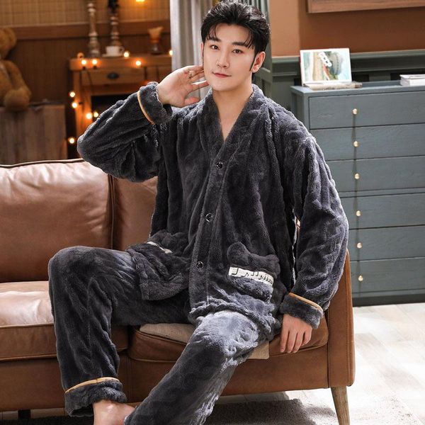 

men's sleepwear men two piece home service lounge wear autumn winter flannel long sleeve pajamas thick coral fleece pyjamas, Black;brown