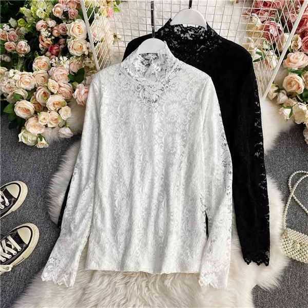 

hollow lace high neck bottoming shirt women autumn slim long-sleeved western-style mesh hk072 210506, White