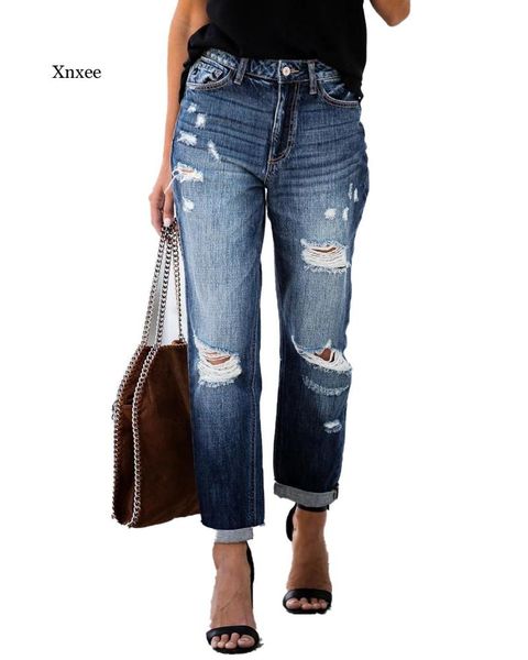 

women's jeans ripped high waist retro for women mom denim pants femme boyfriend loose hole long trousers ladies bottoms, Blue