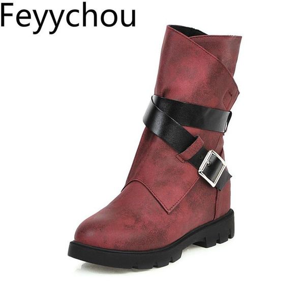 

women boots autumn winter warm med heel pu platform zip mid-calf 2021 joker casual comfort and wear-resistant bottom slip black