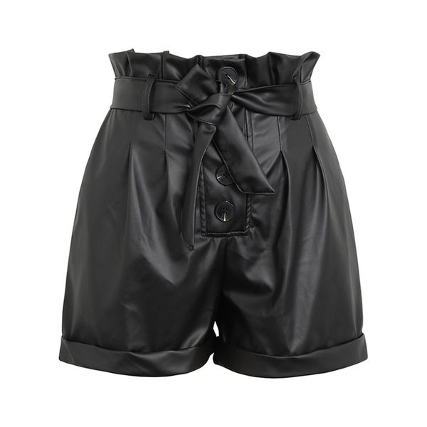 

high waist leather shorts women sashes wide leg shorts button faux leather bottoms high street pocket black elastic bud shorts 210331, White;black