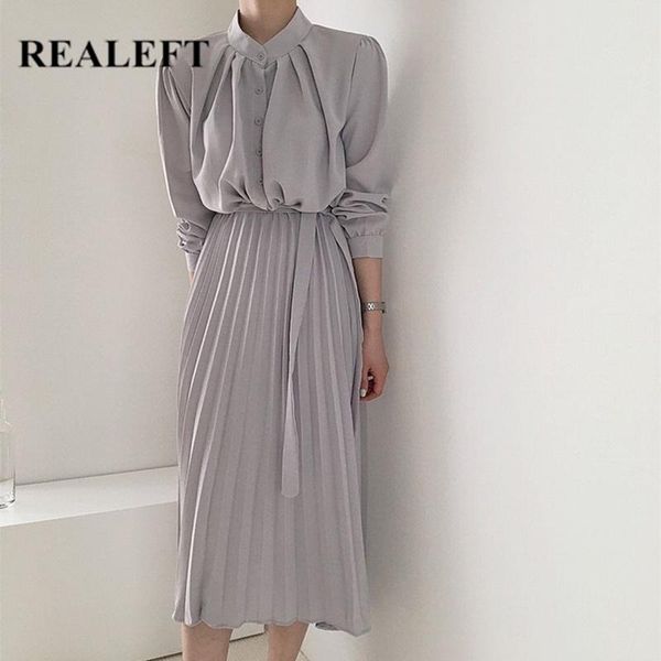 

casual dresses realeft 2021 elegant pleated women's shirts dress sashes long sleeve single breasted loose high waist chic, Black;gray