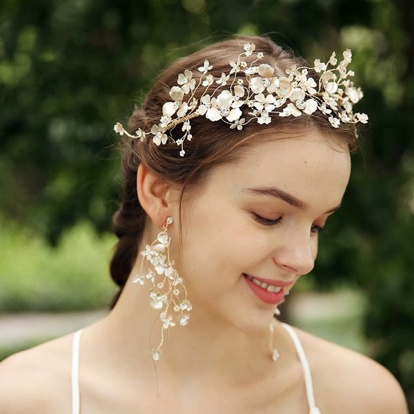 Tiara da donna floreale color oro chiaro Accessori per corona nuziale Fatti a mano Festa nuziale Prom Copricapo Gioielli per capelli