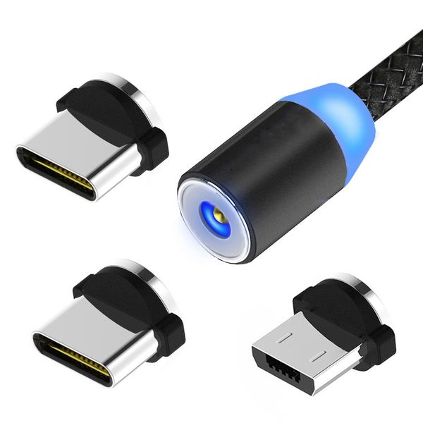 

3 in 1 magnetic phone cables 2a led fast charging nylon brained core type c micro usb cable wire for samsung huawei moto lg
