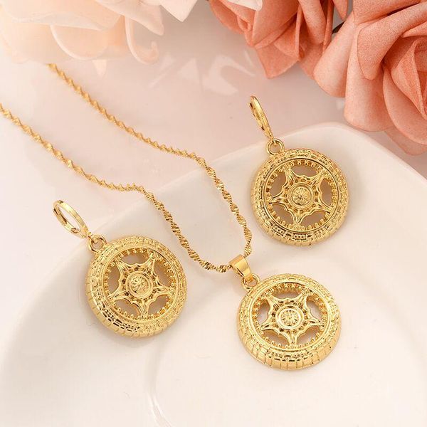 

earrings & necklace eternity circle love forever pendant 9 k fine g/f gold solid sterling peculiar flower set, Silver
