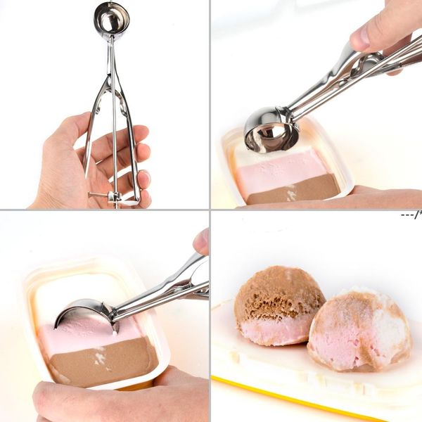 NUOVO Cucchiaio da gelato in acciaio inossidabile Anguria Patate Frutta Melone Frozen Yogurt Biscotto Pasta Palla Schiacciatore Maniglia Attrezzo da cucina RRD12607