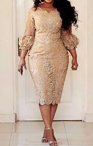 Champagne renda curta mãe dos vestidos de noiva plus size 2019 comprimento do chá 3 4 manga longa bainha mãe do noivo vestidos m02284e