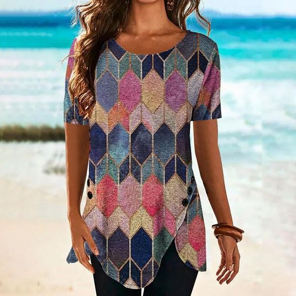 

40# fashion t shirt women casual pattern print v-neck loose short sleeve oversized t-shirt pullover camisetas de mujer women's, White