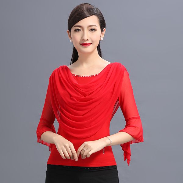 

ladies' latin dancing jackets female modern exercises shirt long-sleeve square dance performance suits b-6534, Black;red