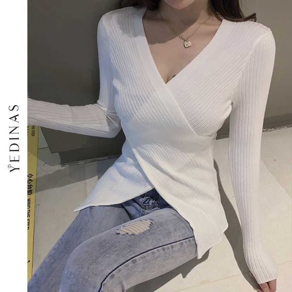 

yedinas v-neck knitted sweater women criss-cross pullover korean style long sleeve sweaters slim fit knitwear white 210527, White;black