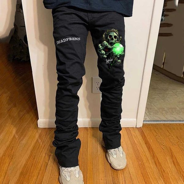 

men black washed jeans fashion personality biker slim denim pants retro trousers skull printed design street jeans 211009, Blue
