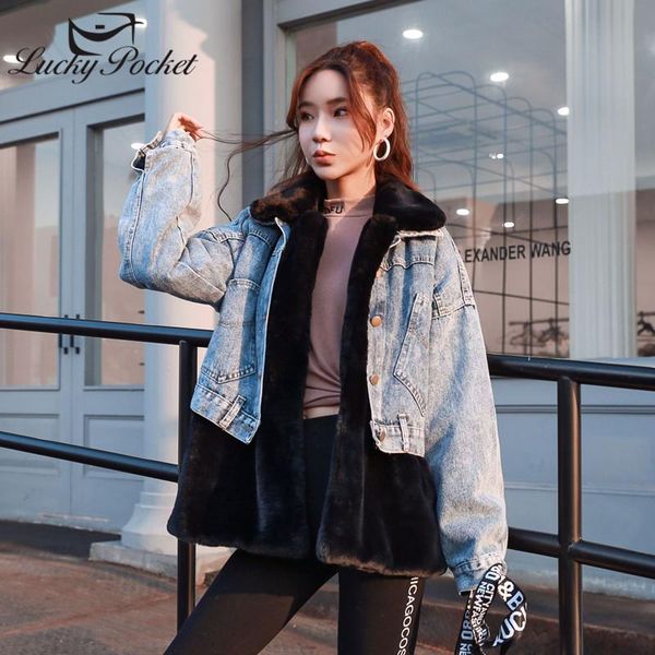 

women's fur & faux women winter hit color denim spliced fashion designed loose hooded leather female high street brand coat ladies coat, Black
