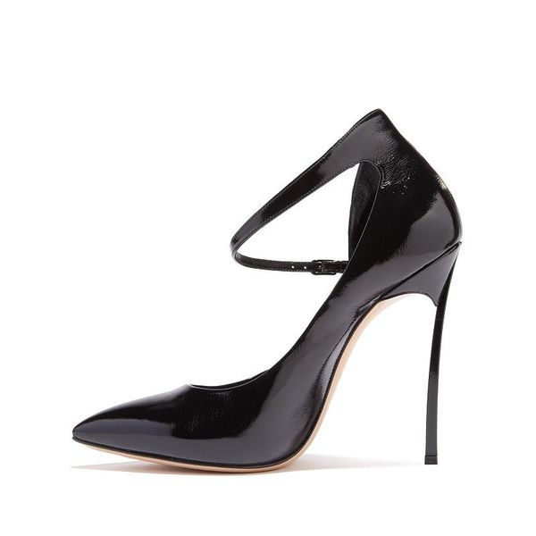

dress shoes spring fashion fish mouth buckle metal heel patent leather stiletto sandals banquet plus size custom women's, Black