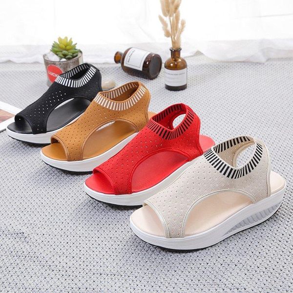 

summer women's sandals fat soled shoes open toe high elastic flying mesh leisure outdoor large size, Black