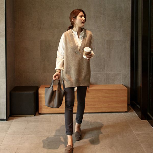 

literary autumn and winter women's wear large v-neck solid color medium long sleevels knitted vt, Black;white