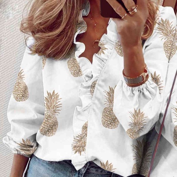 

blouses women blouse autumn winter elegant ruffles decoration fashion long sleeves famale clothes v-neck casual style, White