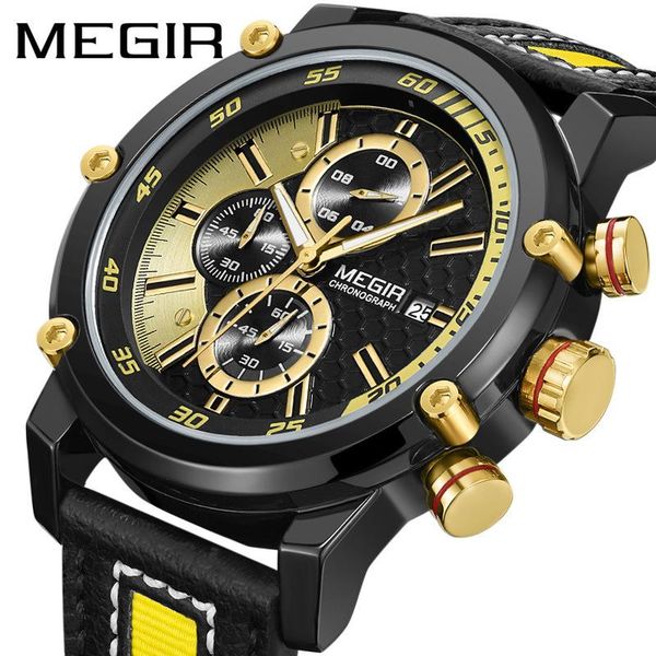 

wristwatches megir fashion military men watch sports multi-function chronograph calendar leather men's waterproof wristwatch reloj homb, Slivery;brown