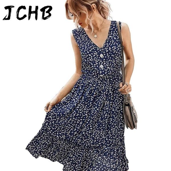 

casual dresses v neck floral women dress summer sleeveless ruffles buttons high waist midi boho holiday beach female, Black;gray
