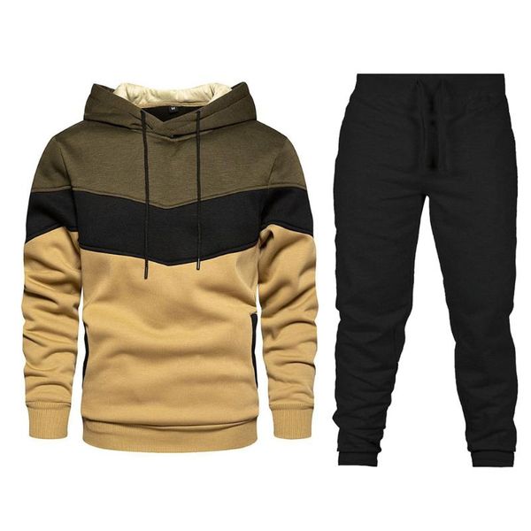 

men's tracksuits 2021 autumn winter color matching stitching hooded sweater + black trousers suits, Gray