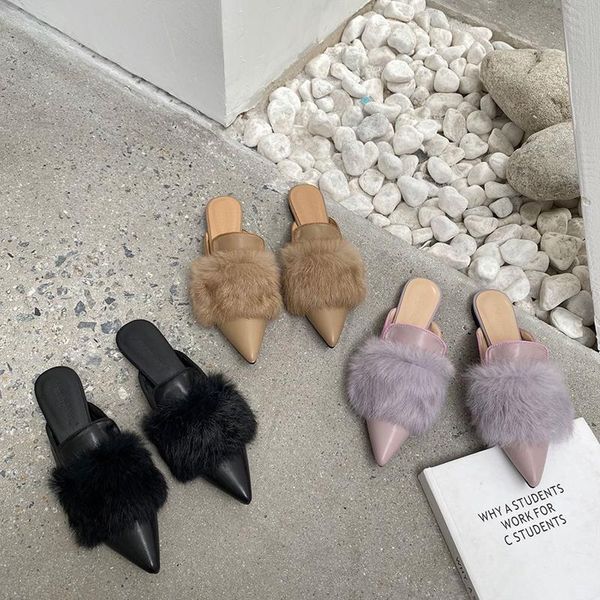 

bailamos fashion fur slippers women flat slipper furry slip on mule shoes outdoor pointed toe sandal casual slides, Black