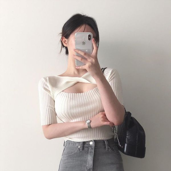 

fashion ice silk knit short womens sweaters sleeved spring and summer thin exposed clavicle design sense irregular hollow top, White;black