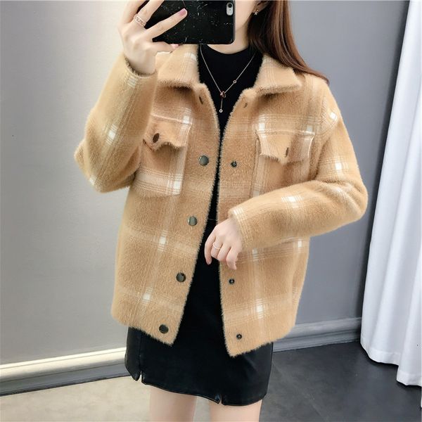 

women's jackets autumn winter knitted jacket for women korean style plaid outwear turn down collar single breasted with pockets casual, Black;brown