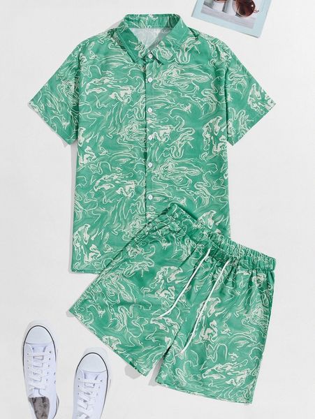 

men all over print shirt & shorts set y2ze#, Gray