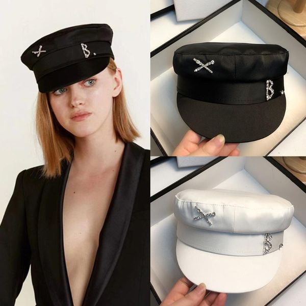 

berets silk satin rhinestone letter sboy women flat military navy hat, Blue;gray