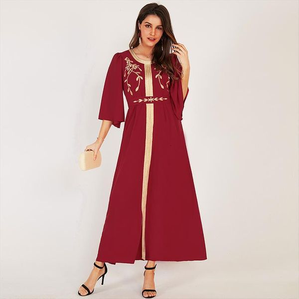 

summer red elegant womens dresses o neck half sleeved maxi bohemian beach golden edge musilim long party vestidos, Black;gray