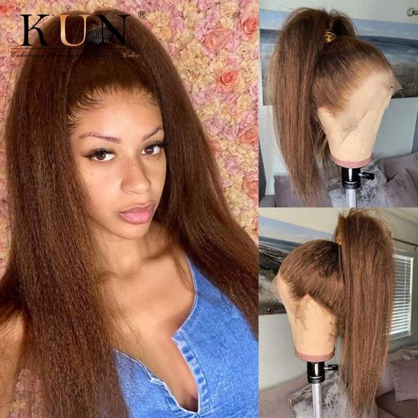

light brown lace front wig 250 density kinky straight human hair wigs pre plucked t part for women ombre colored 22 ", Black;brown