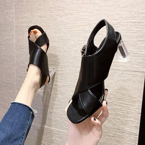 

sandals 2021 women platform summer crystal heel shoes high woman square slippers, Black