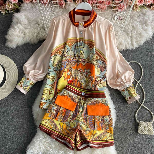 

women's tracksuits 2021 fashion retro chic spring floral printed long sleeve shirt + high waist shorts two-piece sets r842 0psd, Gray