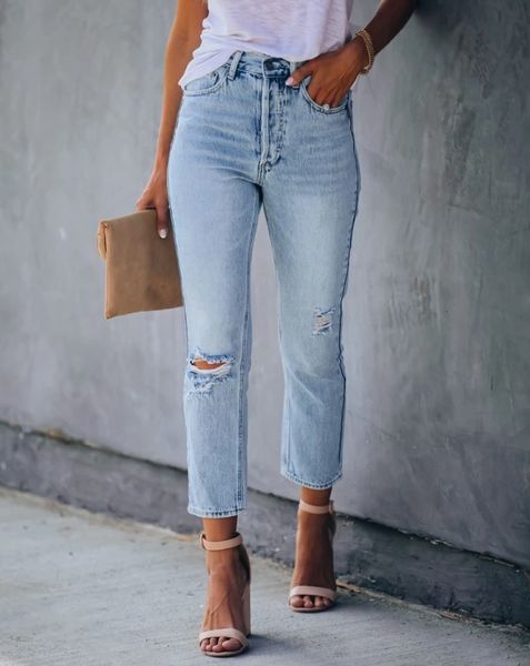 

Fashion A Pair Of Jeans High Quality Waist Elastic Pencil Pants, Light blue