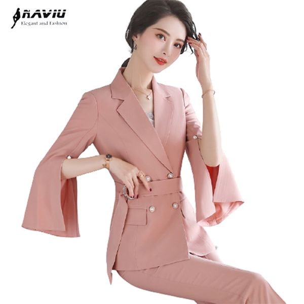 Pembe Pantolon Suit Kadın Moda Mizaç Profesyonel Resmi Blazer Ve Pantolon Ofis Bayanlar Röportaj İş Kıyafeti 210930