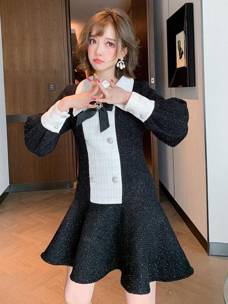 

women's tracksuits french tweed stitching double breasted bow and ruffle dress winter fashion, Gray