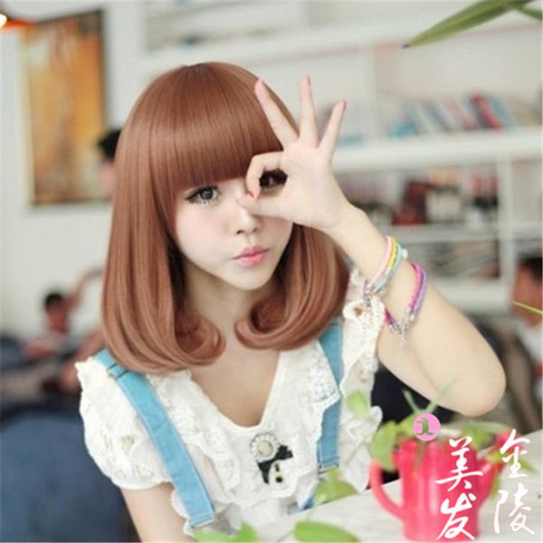 

wig womens curly hair head cover chemical fiber wig medium and long inner buckle bangs rinka haircut, Black