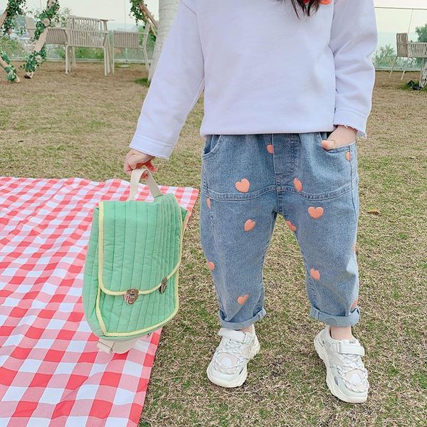 

trousers childrens pants 2021 spring autumn baby girls middle waist cute print jeans fashion casual loose denim kids clothes, Blue