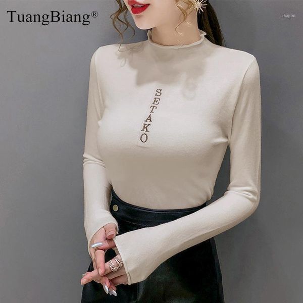 

women's sweaters 2021 letter embroidery ruffled turtleneck women apricot knitted pullovers basic feminine pink long sleeve jumpers, White;black