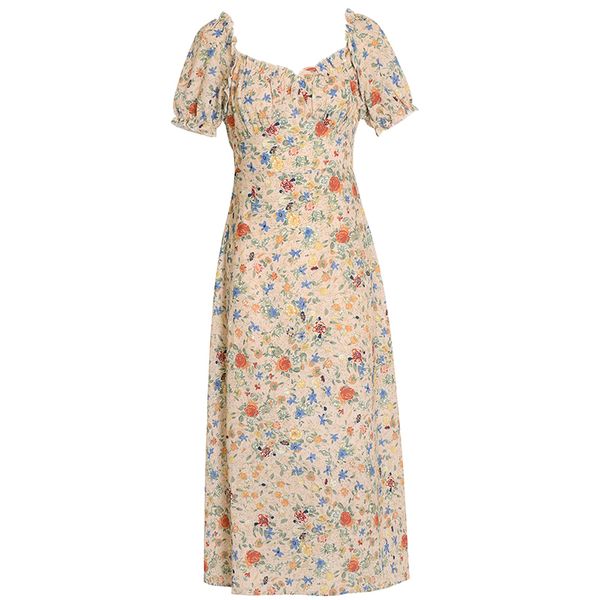 

summer women vintage ruffles short puff sleeve flroal printed ruched party long maxi dresses vestidos sundress 210515, Black;gray