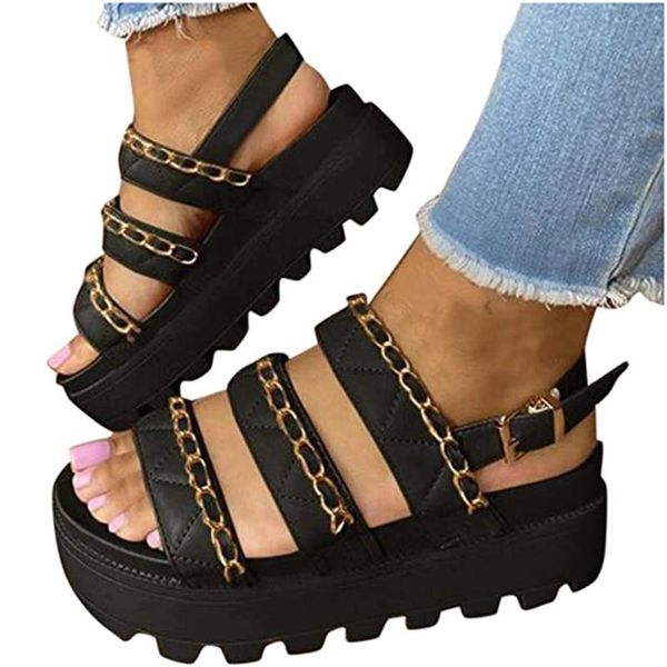 

summer women sandals chain platform shoes high heels woman 2021 thick bottom large size ladies sandalias mujer, Black